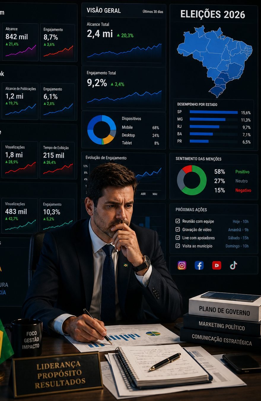 Candidato analisando indicadores de comunicação de campanha